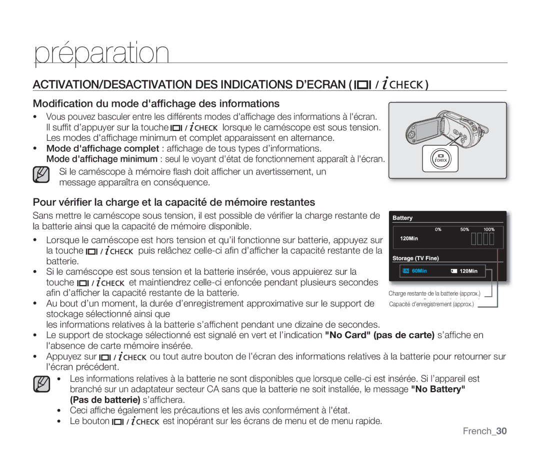 Samsung SMX-F340BP/EDC ACTIVATION/DESACTIVATION DES Indications D’ECRAN, Modiﬁcation du mode dafﬁchage des informations 