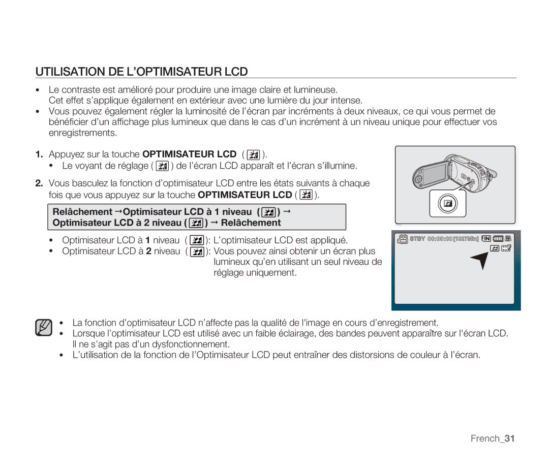 Samsung SMX-F33BP/EDC Utilisation DE L’OPTIMISATEUR LCD, ’optimisateur LCD est appliqué, Réglage uniquement, French31 