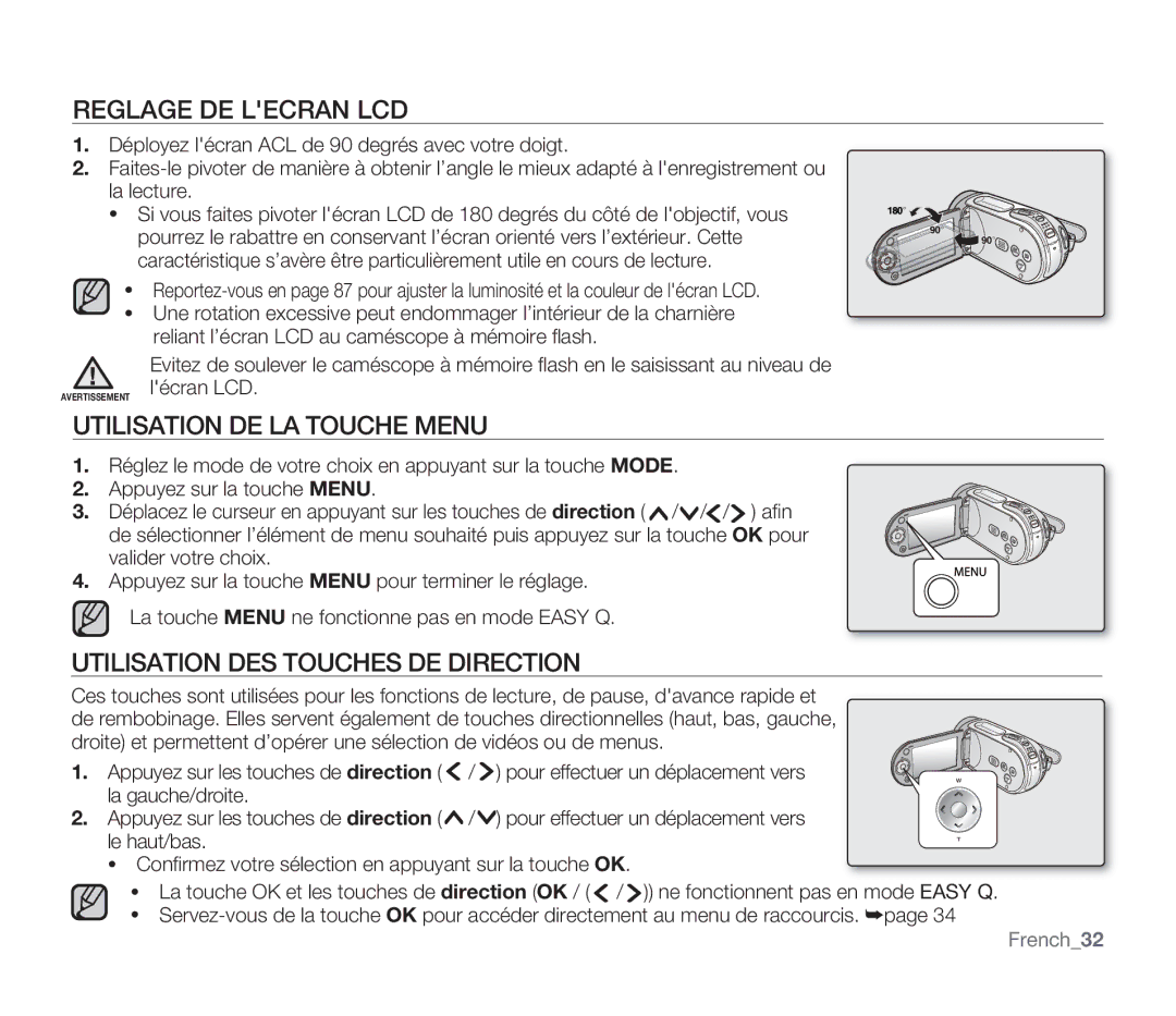 Samsung SMX-F332SP/EDC manual Reglage DE Lecran LCD, Utilisation DE LA Touche Menu, Utilisation DES Touches DE Direction 