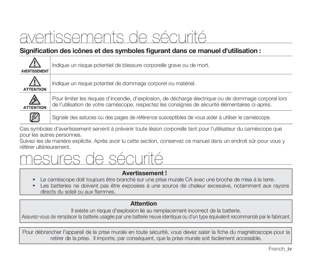 Samsung SMX-F30RP/EDC, SMX-F340BP/EDC, SMX-F33BP/EDC manual Avertissements de sécurité, Mesures de sécurité, Frenchiv 