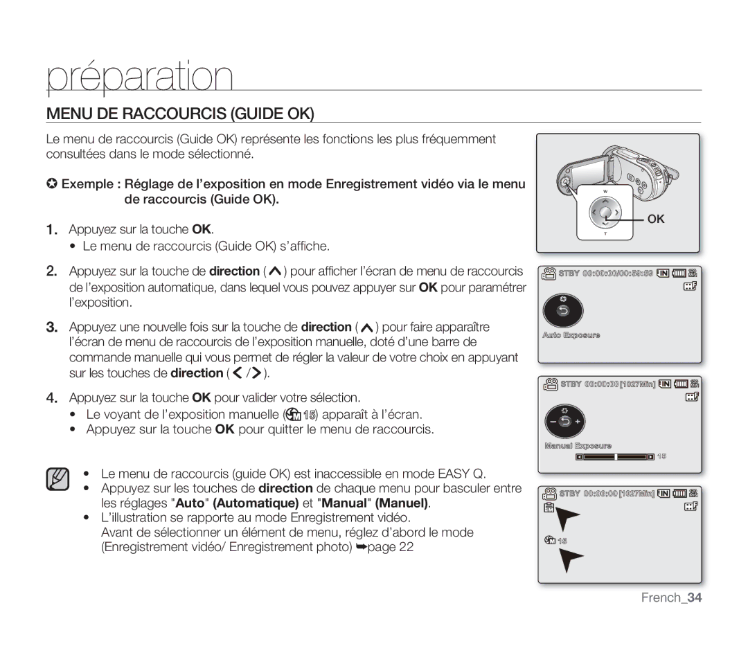 Samsung SMX-F30RP/EDC, SMX-F340BP/EDC, SMX-F33BP/EDC, SMX-F332SP/EDC, SMX-F30SP/EDC Menu DE Raccourcis Guide OK, French34 