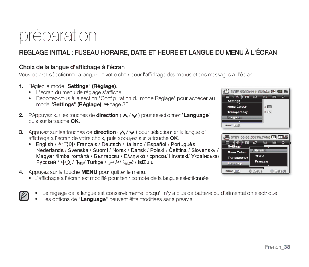 Samsung SMX-F300BP/EDC, SMX-F340BP/EDC Choix de la langue dafﬁchage à l’écran, Réglez le mode Settings Réglage, French38 