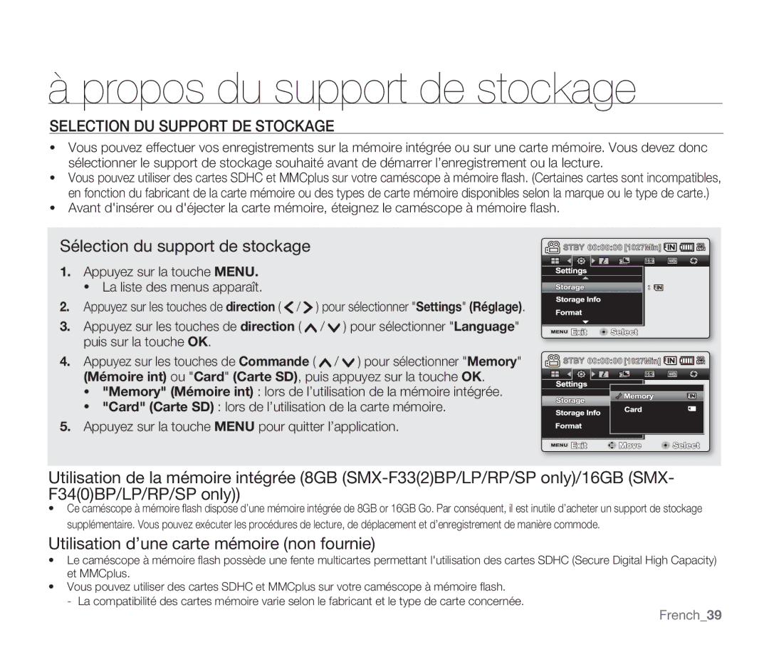 Samsung SMX-F340BP/EDC Propos du support de stockage, Selection DU Support DE Stockage, Sélection du support de stockage 