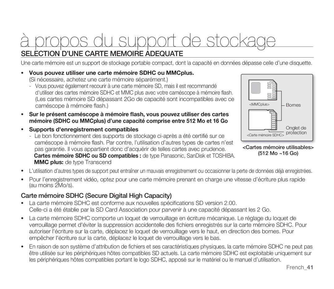 Samsung SMX-F332SP/EDC manual Selection D’UNE Carte Memoire Adequate, Carte mémoire Sdhc Secure Digital High Capacity 