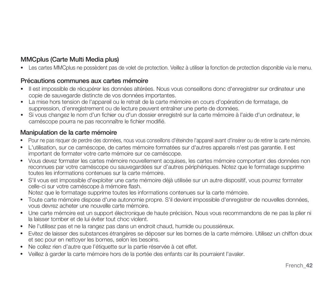 Samsung SMX-F30SP/EDC, SMX-F340BP/EDC MMCplus Carte Multi Media plus, Précautions communes aux cartes mémoire, French42 