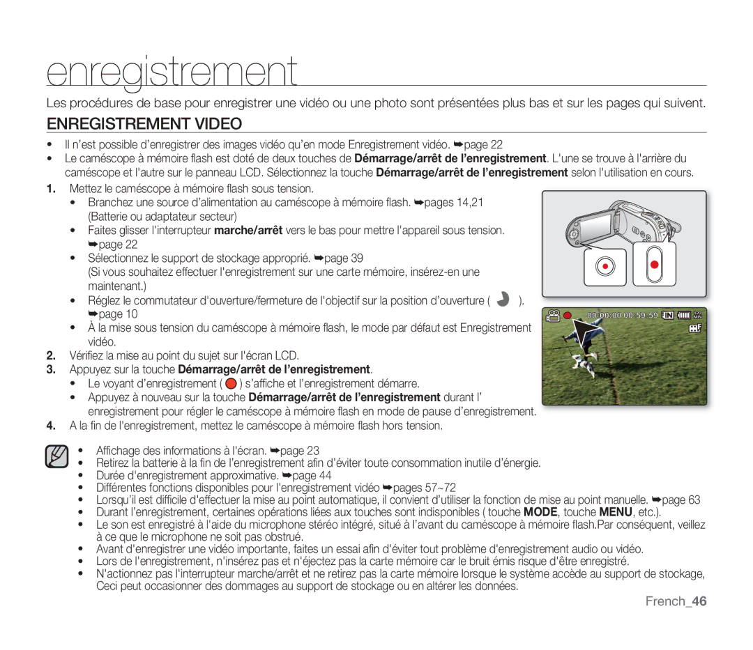 Samsung SMX-F34BP/EDC manual Enregistrement Video, French46, Appuyez sur la touche Démarrage/arrêt de l’enregistrement 