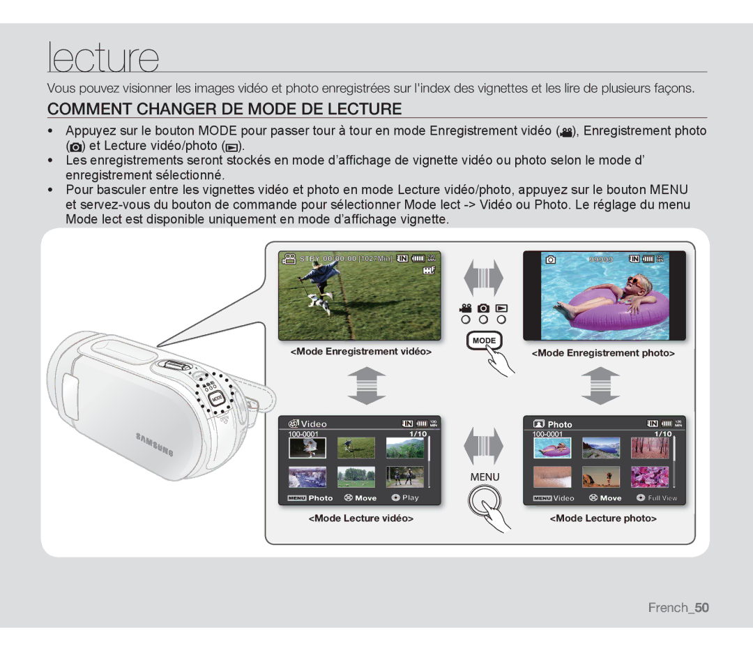 Samsung SMX-F332SP/EDC, SMX-F340BP/EDC, SMX-F33BP/EDC manual Comment Changer DE Mode DE Lecture, French50 French50 