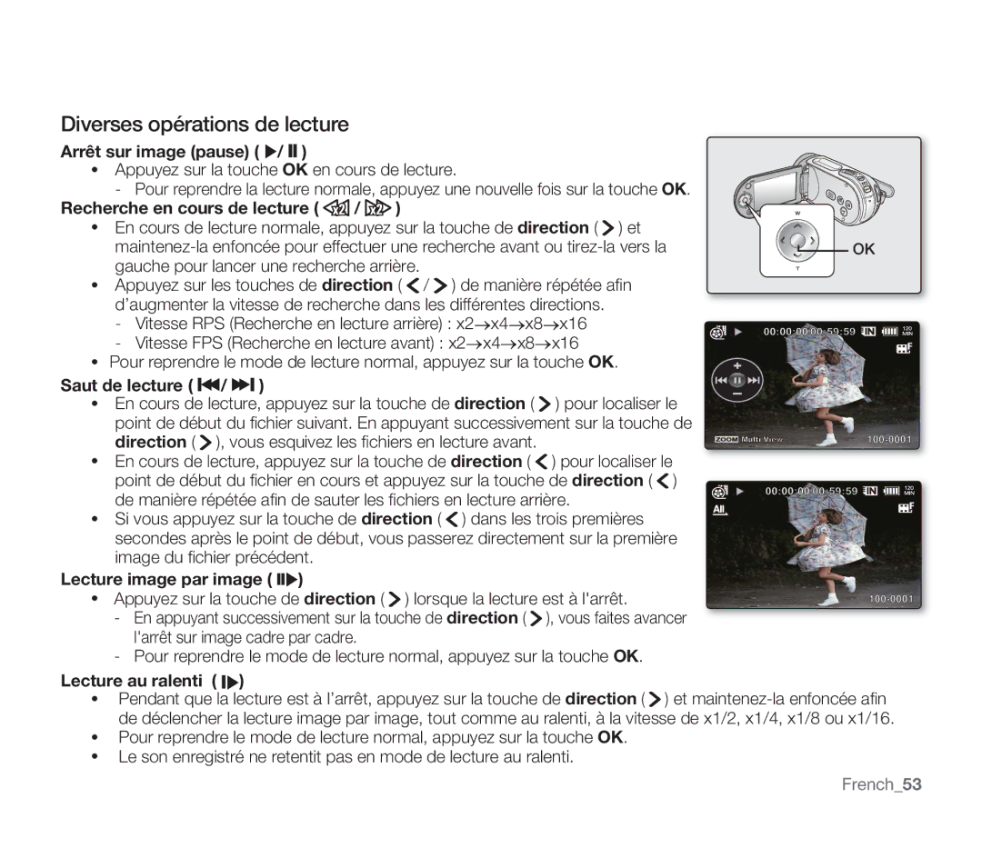 Samsung SMX-F30BP/XEU Diverses opérations de lecture, Direction, Lecture image par image, Lecture au ralenti, French53 