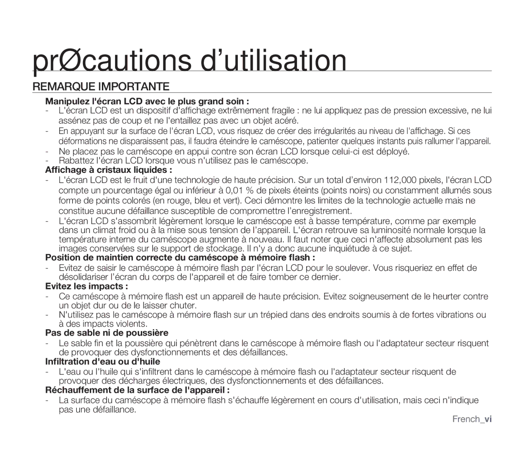 Samsung SMX-F30BP/EDC, SMX-F340BP/EDC, SMX-F33BP/EDC, SMX-F332SP/EDC manual Précautions dutilisation, Remarque Importante 