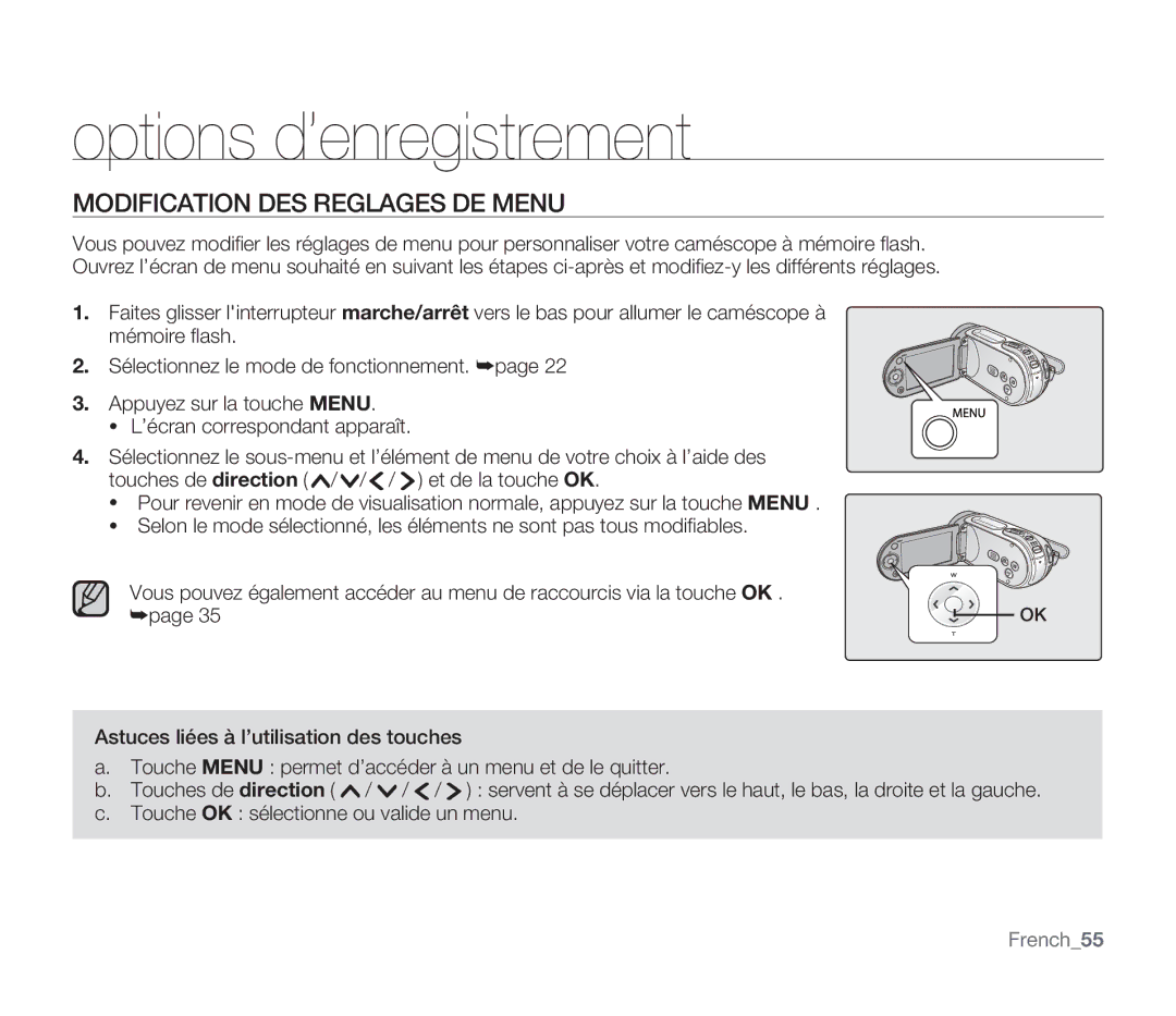 Samsung SMX-F34BP/EDC, SMX-F340BP/EDC, SMX-F33BP/EDC Options d’enregistrement, Modification DES Reglages DE Menu, French55 