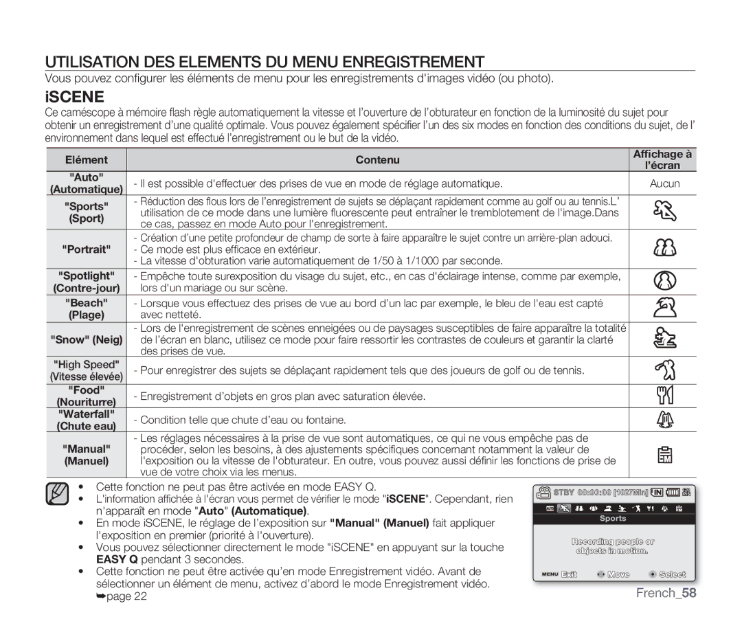 Samsung SMX-F33BP/EDC, SMX-F340BP/EDC, SMX-F332SP/EDC, SMX-F30SP/EDC manual Utilisation DES Elements DU Menu Enregistrement 