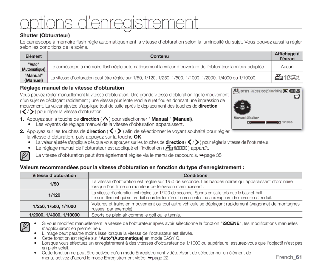 Samsung SMX-F30RP/EDC manual Shutter Obturateur, Réglage manuel de la vitesse dobturation, Vitesse dobturation Conditions 