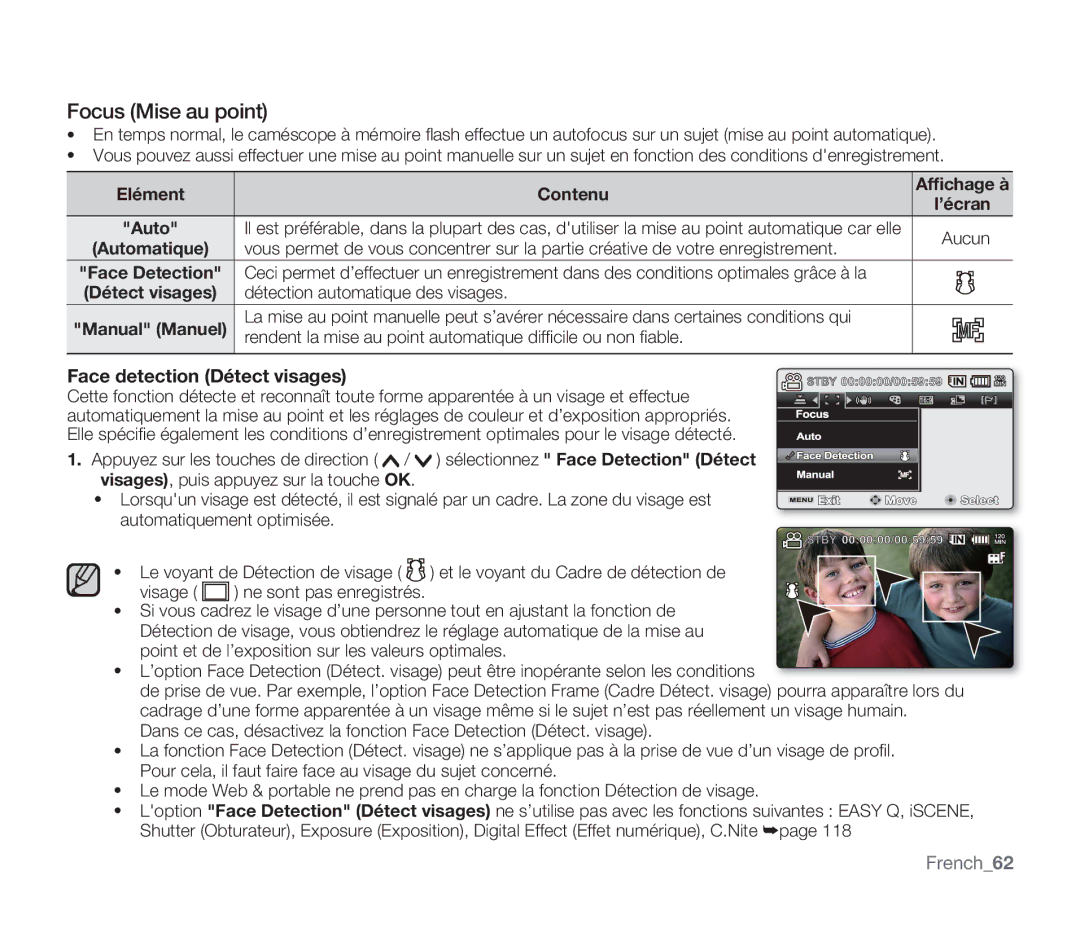 Samsung SMX-F30BP/XEU manual Focus Mise au point, Face detection Détect visages, French62, Elément Contenu Afﬁchage à 