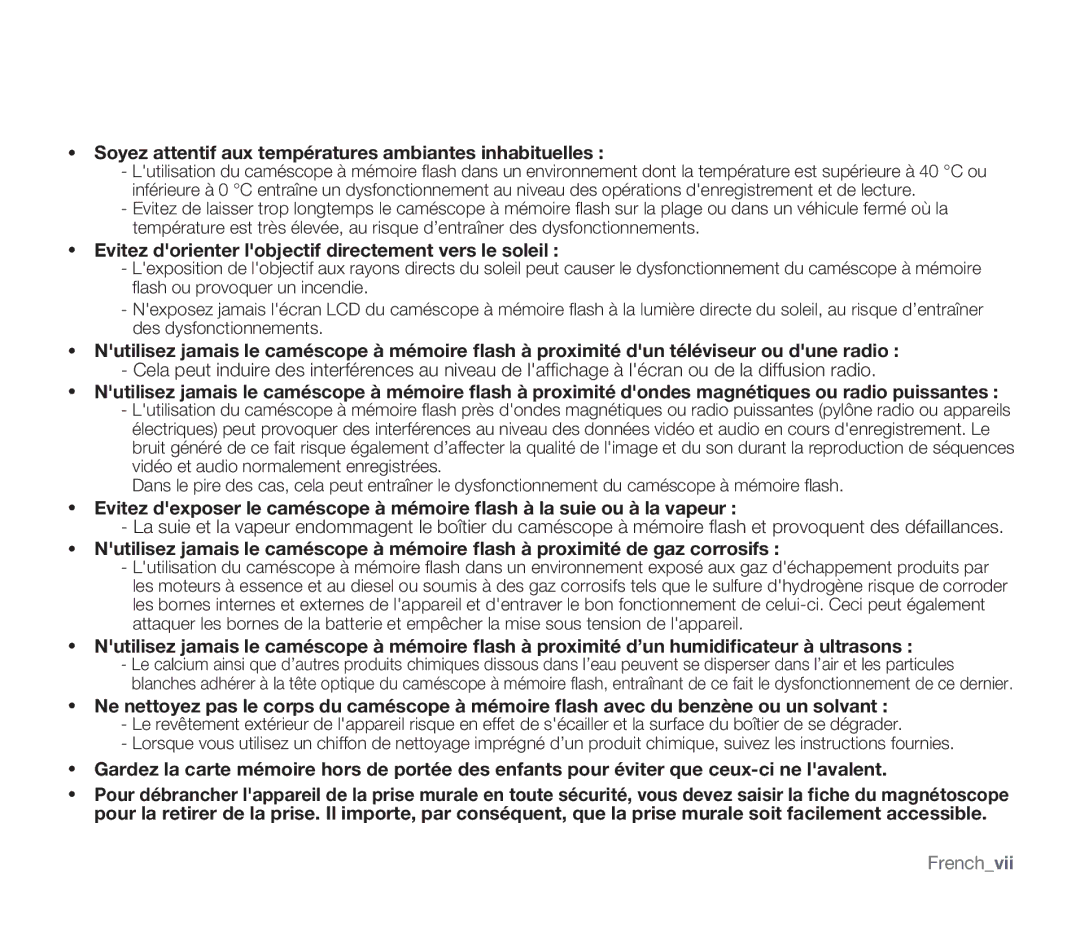 Samsung SMX-F34BP/EDC, SMX-F340BP/EDC, SMX-F33BP/EDC Soyez attentif aux températures ambiantes inhabituelles, Frenchvii 