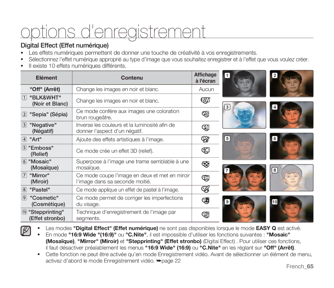 Samsung SMX-F300BP/EDC Digital Effect Effet numérique, Il existe 10 effets numériques différents, French65, Off Arrêt 