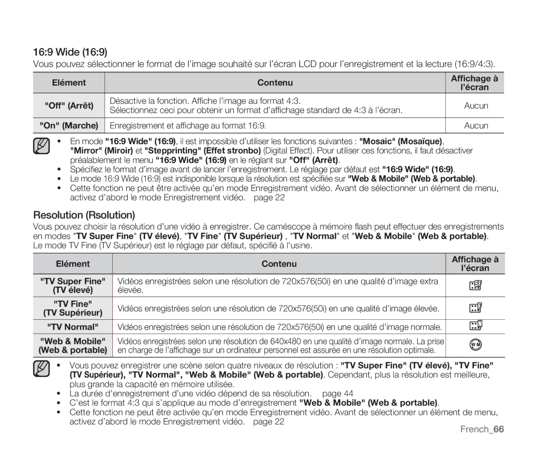 Samsung SMX-F340BP/EDC Wide, Resolution Résolution, French66, Enregistrement et afﬁ chage au format Aucun, TV élevé Élevée 