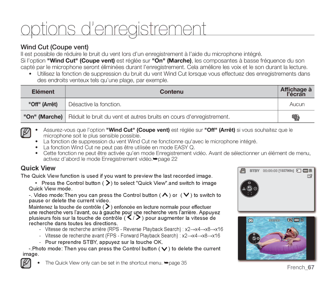 Samsung SMX-F33BP/EDC, SMX-F340BP/EDC, SMX-F332SP/EDC manual Wind Cut Coupe vent, Elément Contenu, French67, On Marche 