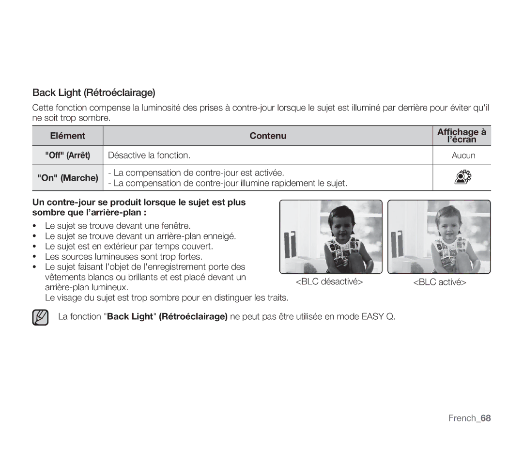 Samsung SMX-F332SP/EDC Back Light Rétroéclairage, Elément Contenu Afﬁchage à, Désactive la fonction, Arrière-plan lumineux 