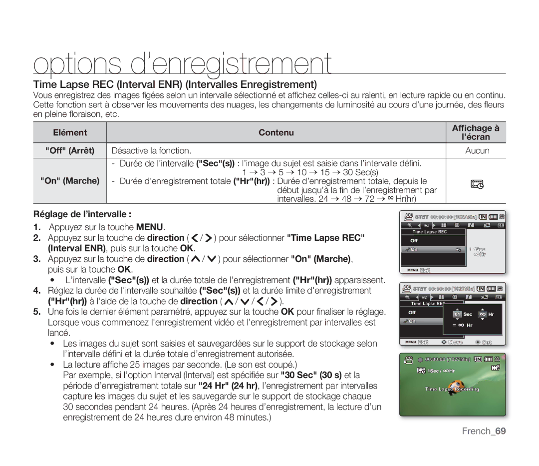 Samsung SMX-F30SP/EDC manual Time Lapse REC Interval ENR Intervalles Enregistrement, Réglage de l’intervalle, French69 