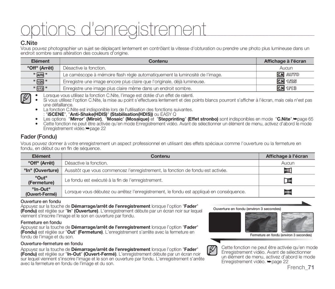 Samsung SMX-F30BP/XEU, SMX-F340BP/EDC, SMX-F33BP/EDC, SMX-F332SP/EDC, SMX-F30SP/EDC, SMX-F30RP/EDC manual Nite, French71 