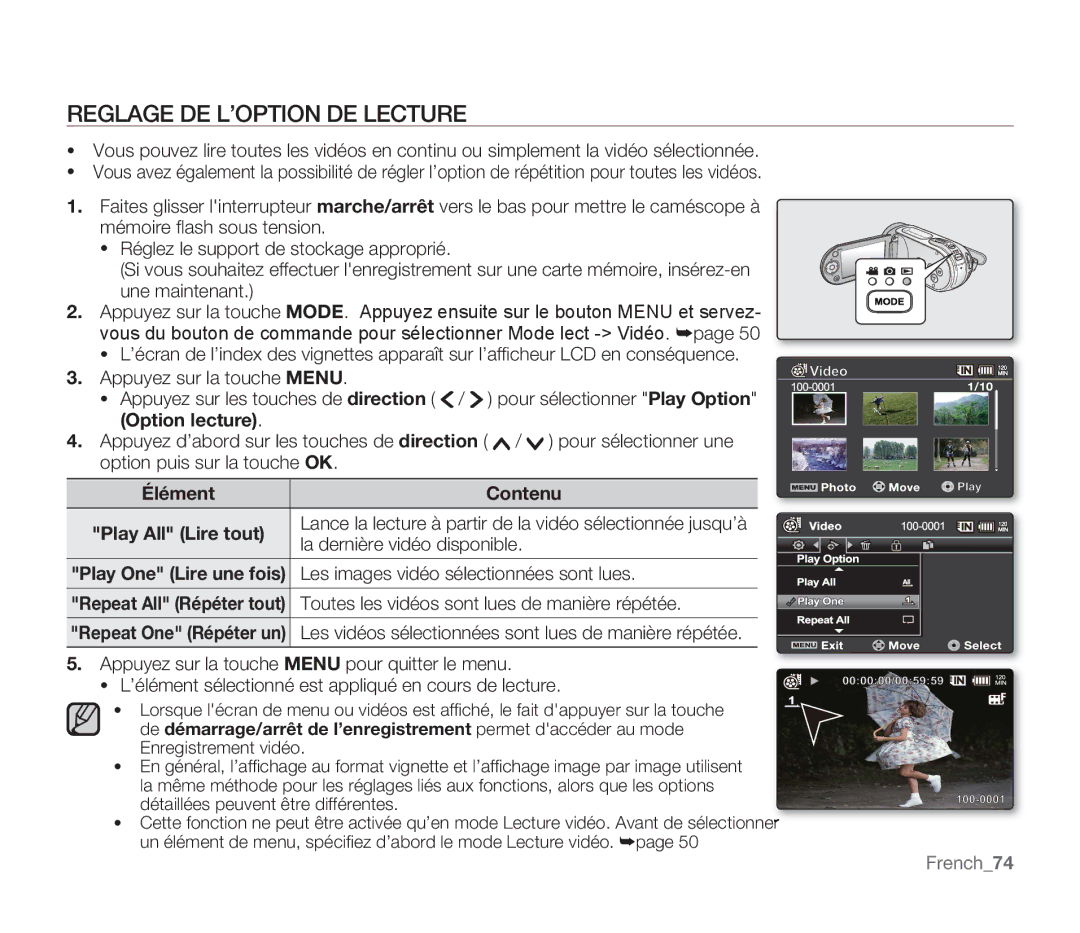 Samsung SMX-F300BP/EDC, SMX-F340BP/EDC manual Reglage DE L’OPTION DE Lecture, Élément Contenu, La dernière vidéo disponible 