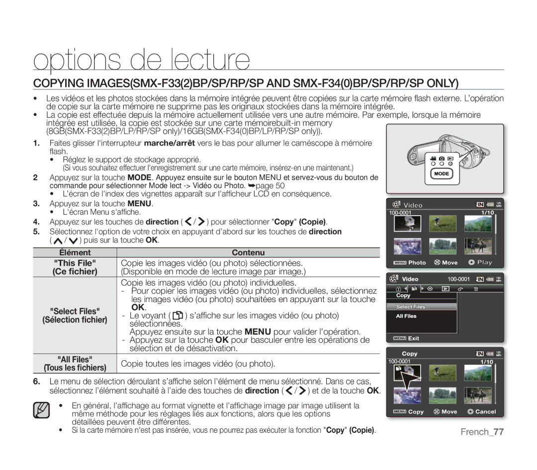 Samsung SMX-F332SP/EDC manual Copie les images vidéo ou photo sélectionnées, Disponible en mode de lecture image par image 