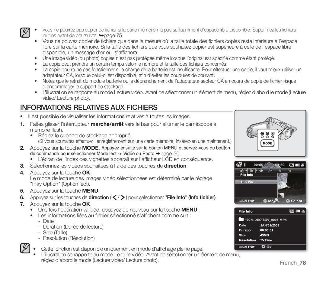 Samsung SMX-F30SP/EDC, SMX-F340BP/EDC, SMX-F33BP/EDC manual Informations Relatives AUX Fichiers, Duration Durée de lecture 