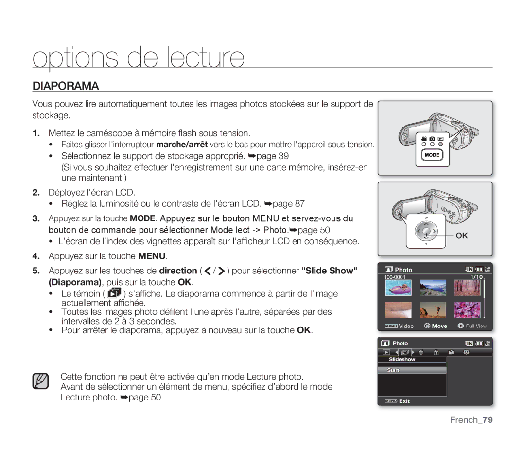 Samsung SMX-F30RP/EDC, SMX-F340BP/EDC, SMX-F33BP/EDC, SMX-F332SP/EDC, SMX-F30SP/EDC, SMX-F30BP/XEU manual Diaporama, French79 