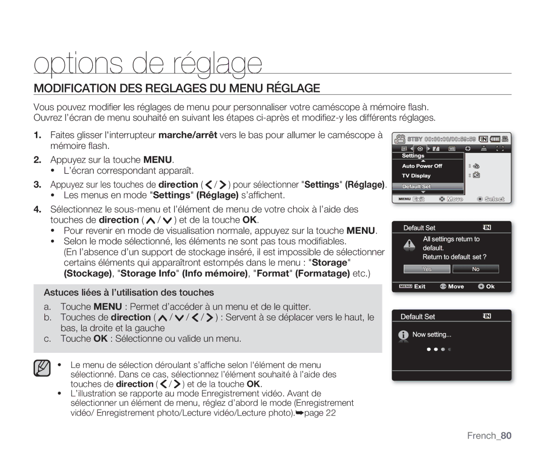 Samsung SMX-F30BP/XEU, SMX-F340BP/EDC manual Options de réglage, Modification DES Reglages DU Menu Réglage, French80 