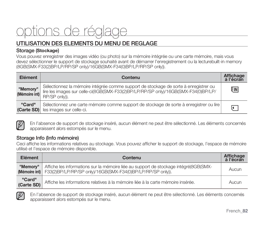 Samsung SMX-F34BP/EDC Utilisation DES Elements DU Menu DE Reglage, Storage Stockage, Storage Info Info mémoire, French82 