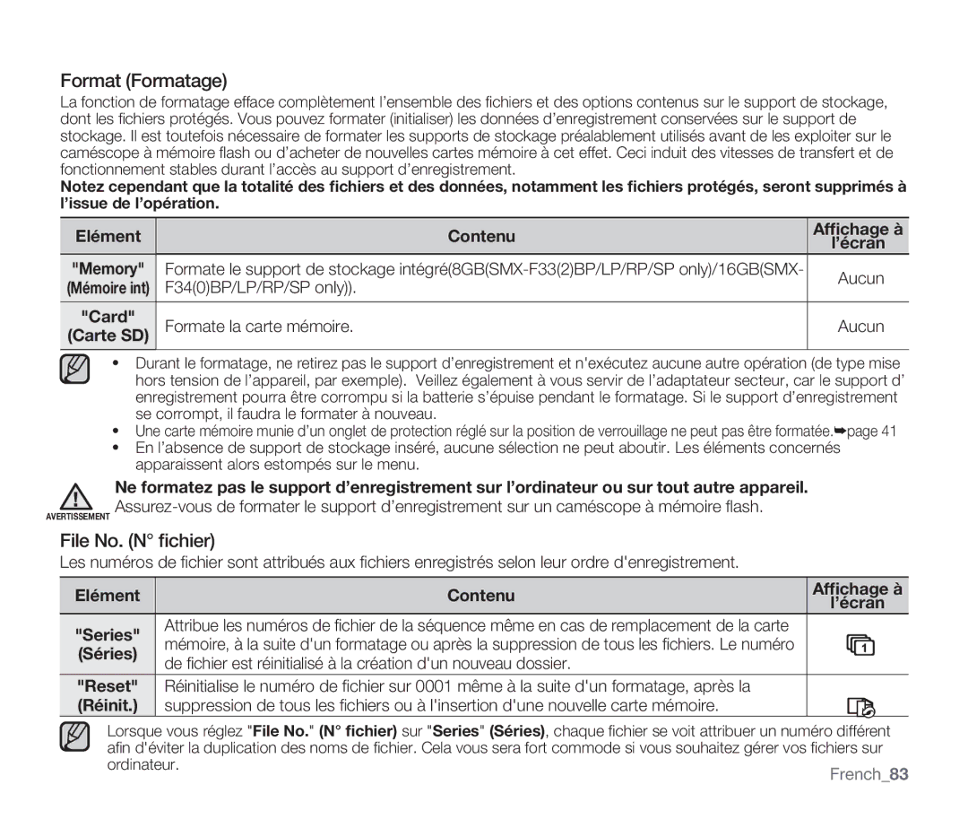 Samsung SMX-F300BP/EDC, SMX-F340BP/EDC, SMX-F33BP/EDC Format Formatage, File No. N ﬁchier, Elément, Card Carte SD Contenu 