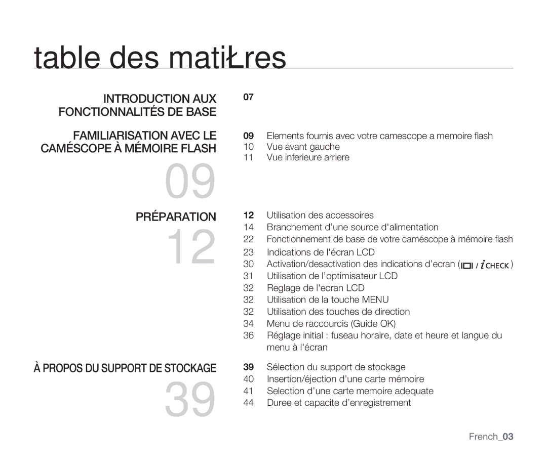 Samsung SMX-F340BP/EDC, SMX-F33BP/EDC Table des matières, Introduction AUX Fonctionnalités DE Base, Préparation, French03 