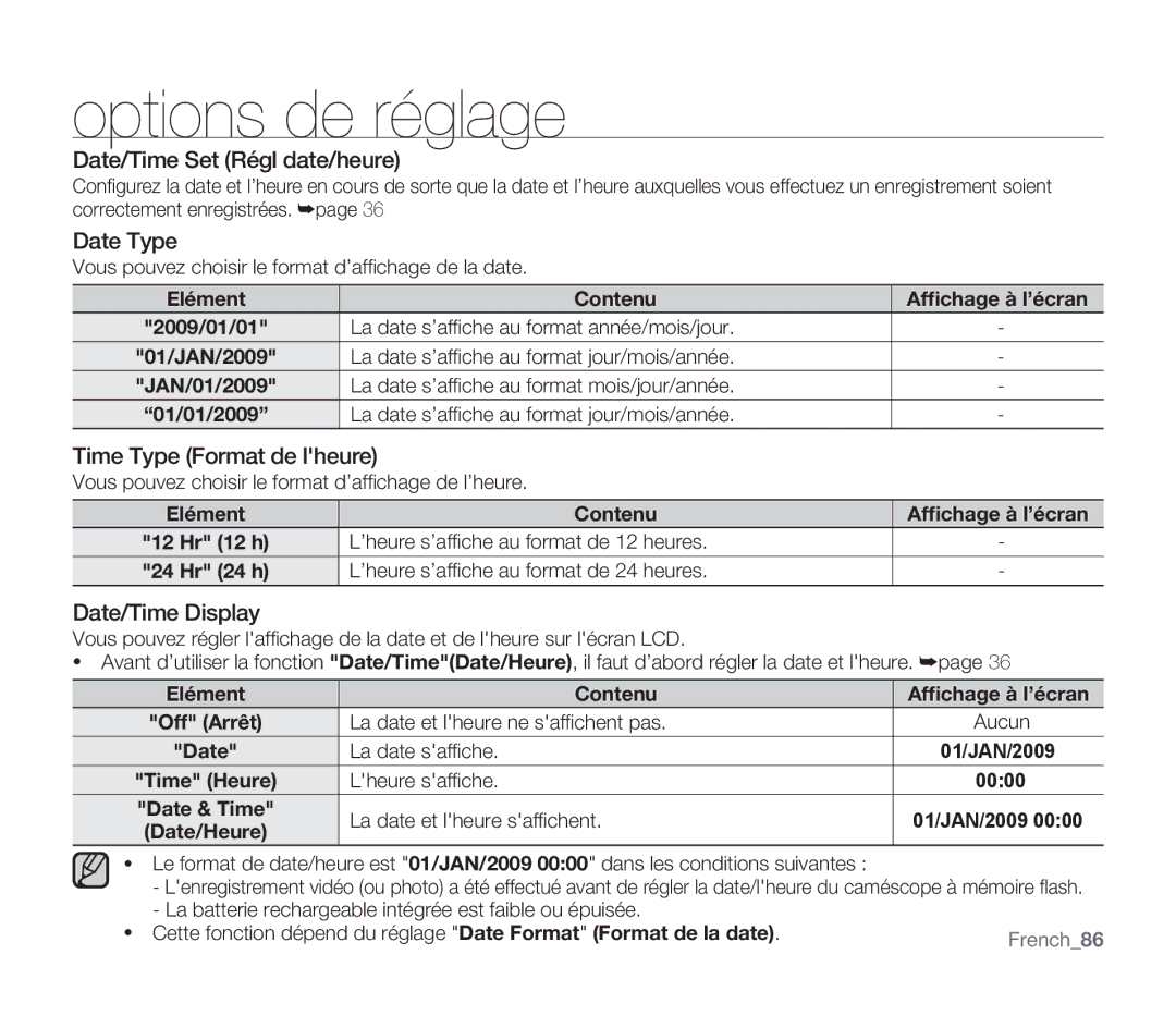 Samsung SMX-F332SP/EDC manual Date/Time Set Régl date/heure, Date Type, Time Type Format de lheure, Date/Time Display 