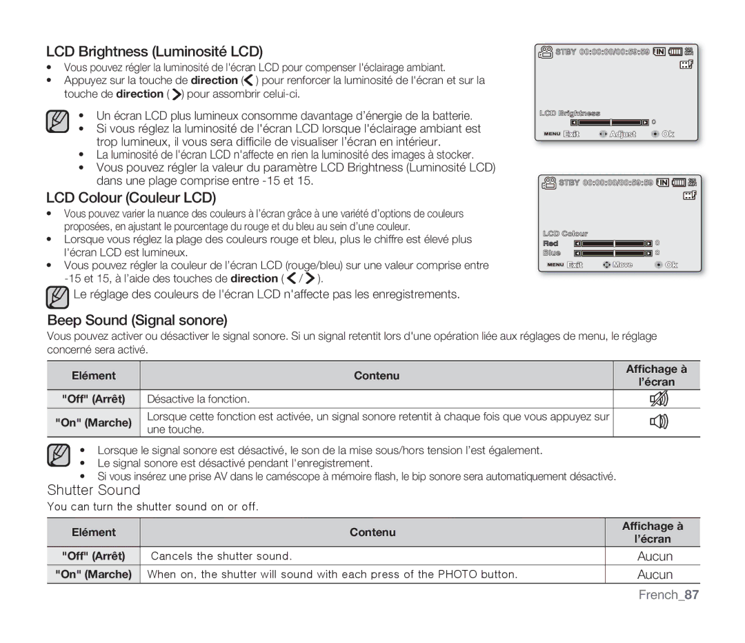 Samsung SMX-F30SP/EDC manual LCD Brightness Luminosité LCD, LCD Colour Couleur LCD, Beep Sound Signal sonore, Shutter Sound 