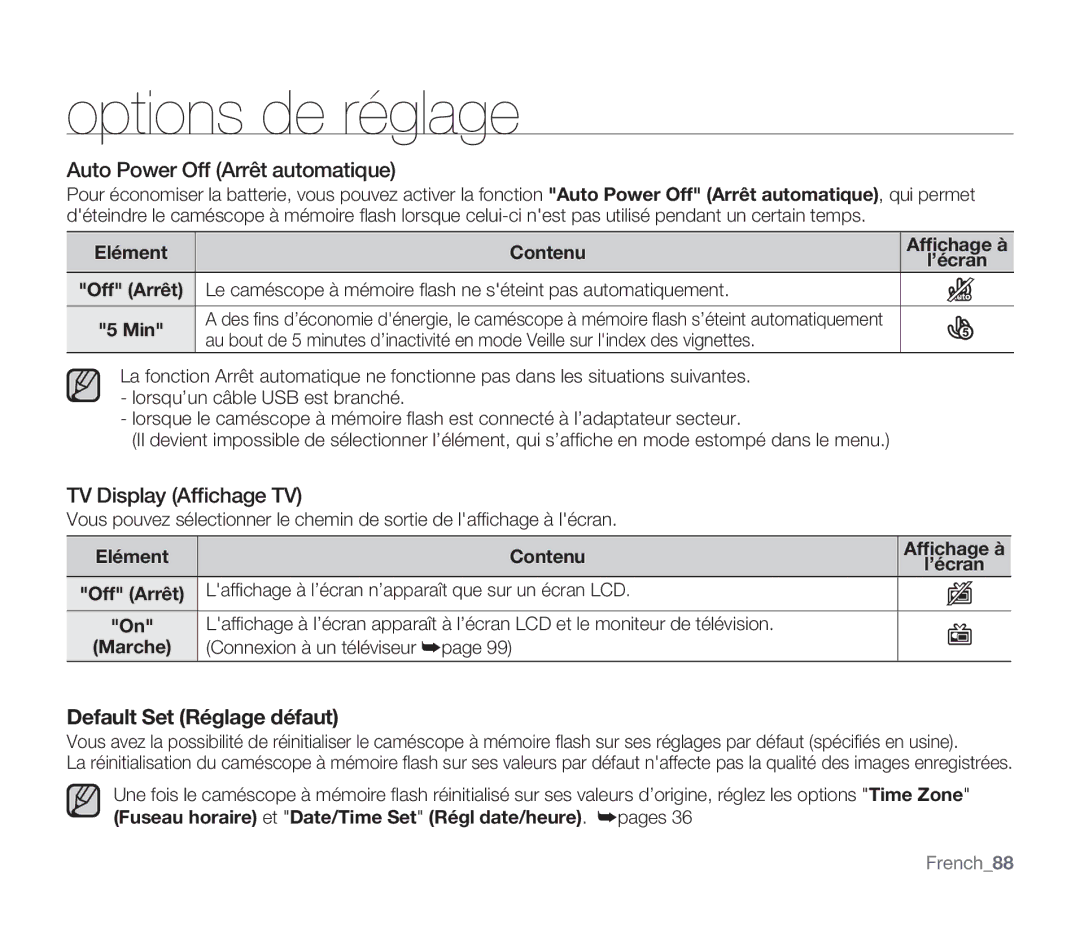 Samsung SMX-F30RP/EDC, SMX-F340BP/EDC Auto Power Off Arrêt automatique, TV Display Afﬁchage TV, French88, Elément, Min 