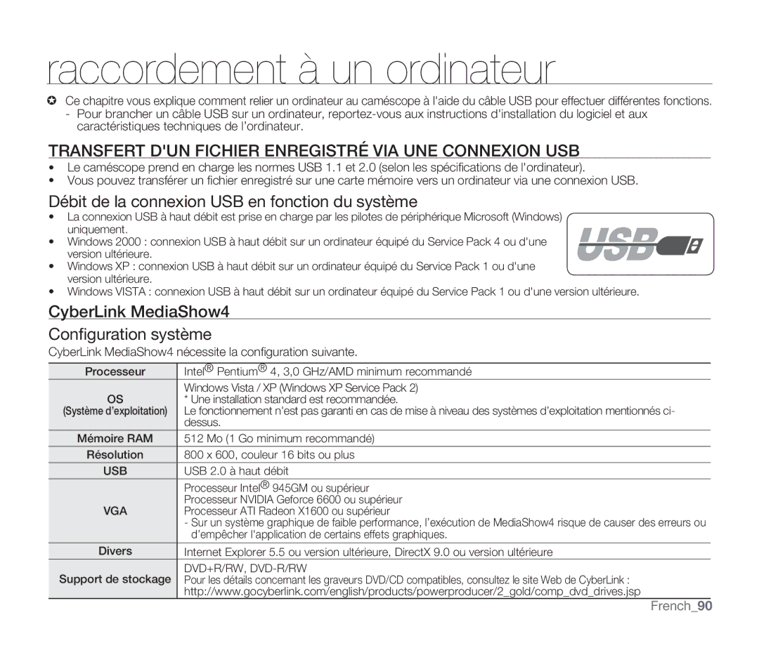 Samsung SMX-F30BP/EDC manual Raccordement à un ordinateur, Transfert DUN Fichier Enregistré VIA UNE Connexion USB, French90 