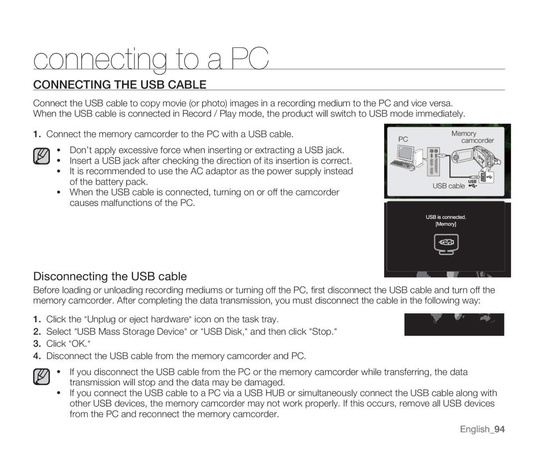 Samsung SMX-F34BP/HAC, SMX-F340BP/EDC, SMX-F33BP/EDC, SMX-F332SP/EDC Connecting the USB Cable, Disconnecting the USB cable 