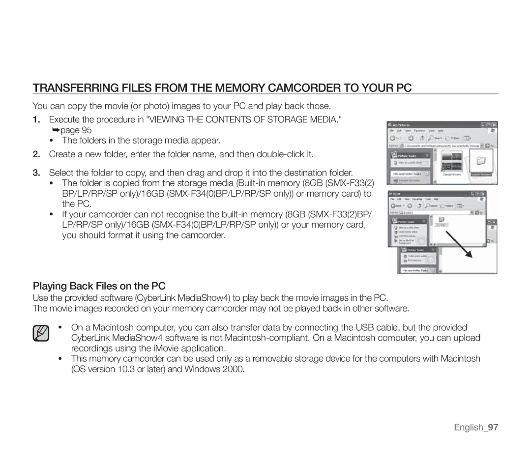 Samsung SMX-F34RP/EDC, SMX-F33BP/EDC Transferring Files from the Memory Camcorder to Your PC, Playing Back Files on the PC 