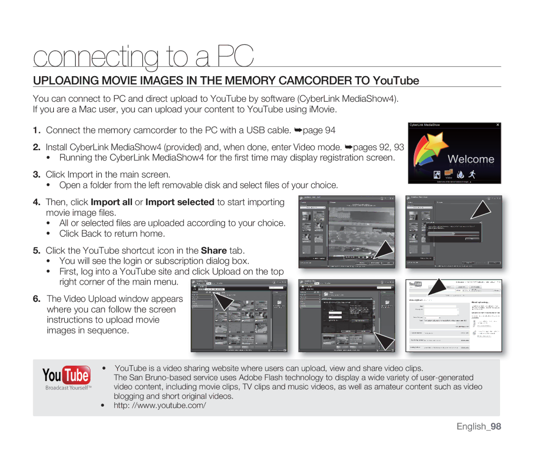 Samsung SMX-F33RP/EDC, SMX-F340BP/EDC, SMX-F33BP/EDC Uploading Movie Images in the Memory Camcorder to YouTube, You Tube 