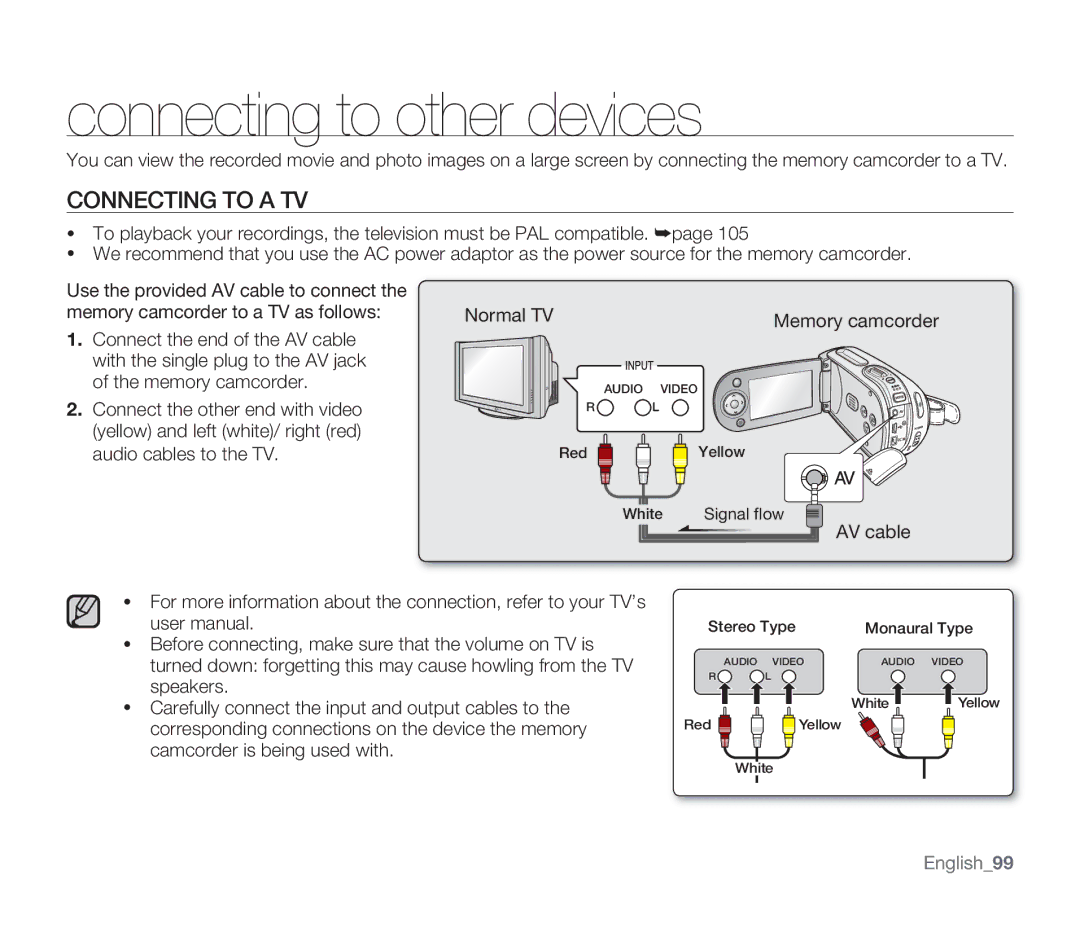 Samsung SMX-F33SP/EDC, SMX-F340BP/EDC, SMX-F33BP/EDC, SMX-F332SP/EDC manual Connecting to other devices, Connecting to a TV 