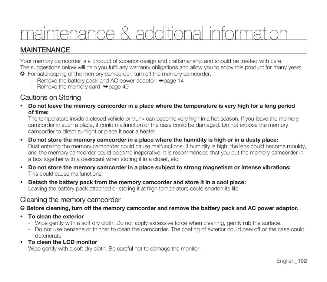 Samsung SMX-F30BP/XER manual Maintenance & additional information, Cleaning the memory camcorder, To clean the LCD monitor 