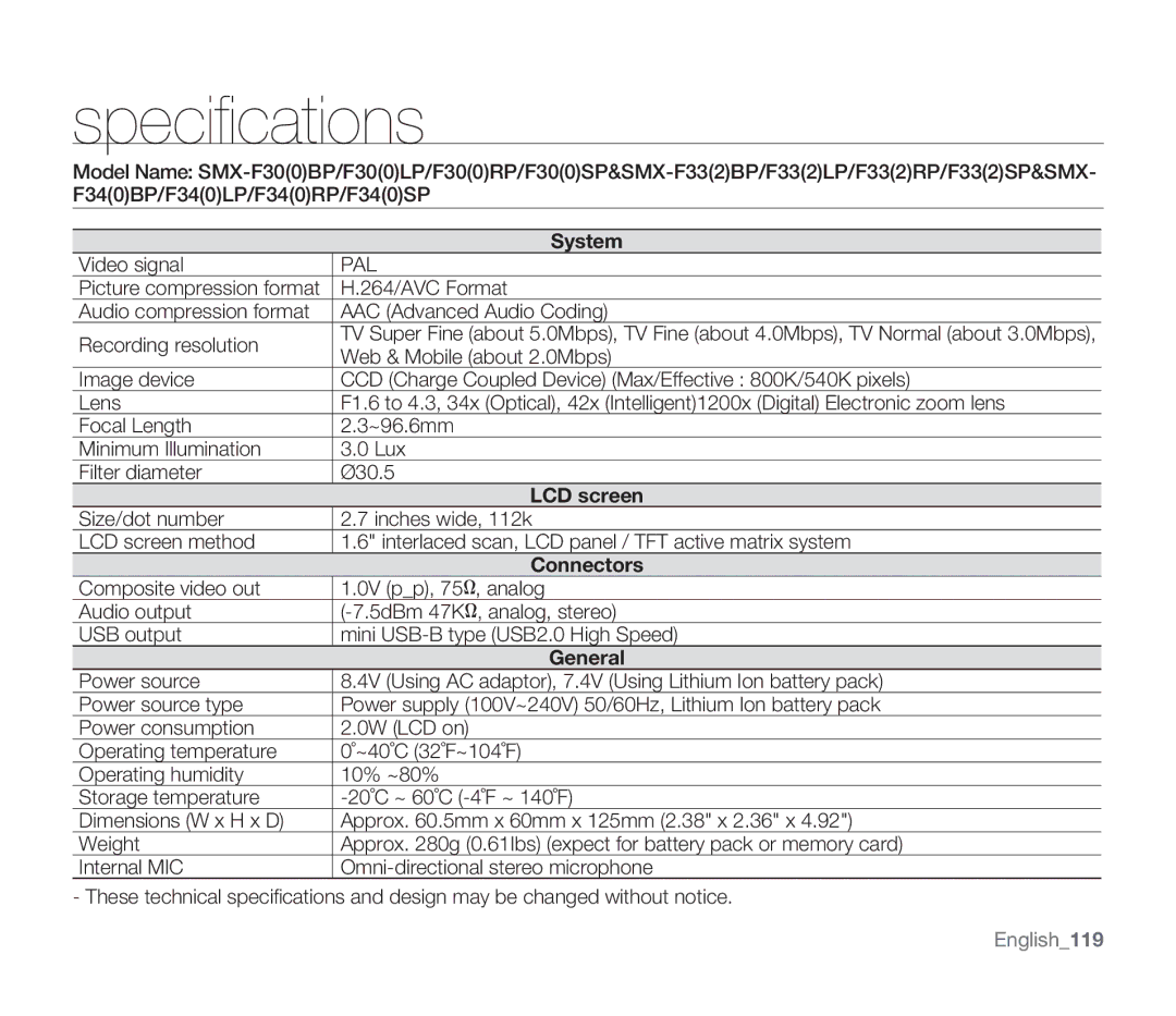 Samsung SMX-F33BP/COL, SMX-F340BP/EDC, SMX-F33BP/EDC, SMX-F332SP/EDC, SMX-F30SP/EDC, SMX-F30RP/EDC manual Speciﬁ cations, Pal 