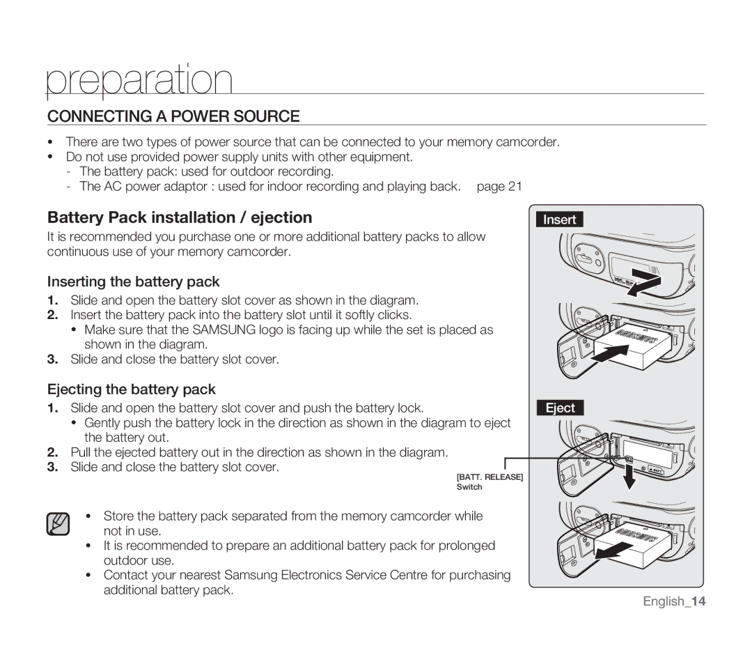 Samsung SMX-F30LP/MEA, SMX-F340BP/EDC Connecting a Power Source, Inserting the battery pack, Ejecting the battery pack 