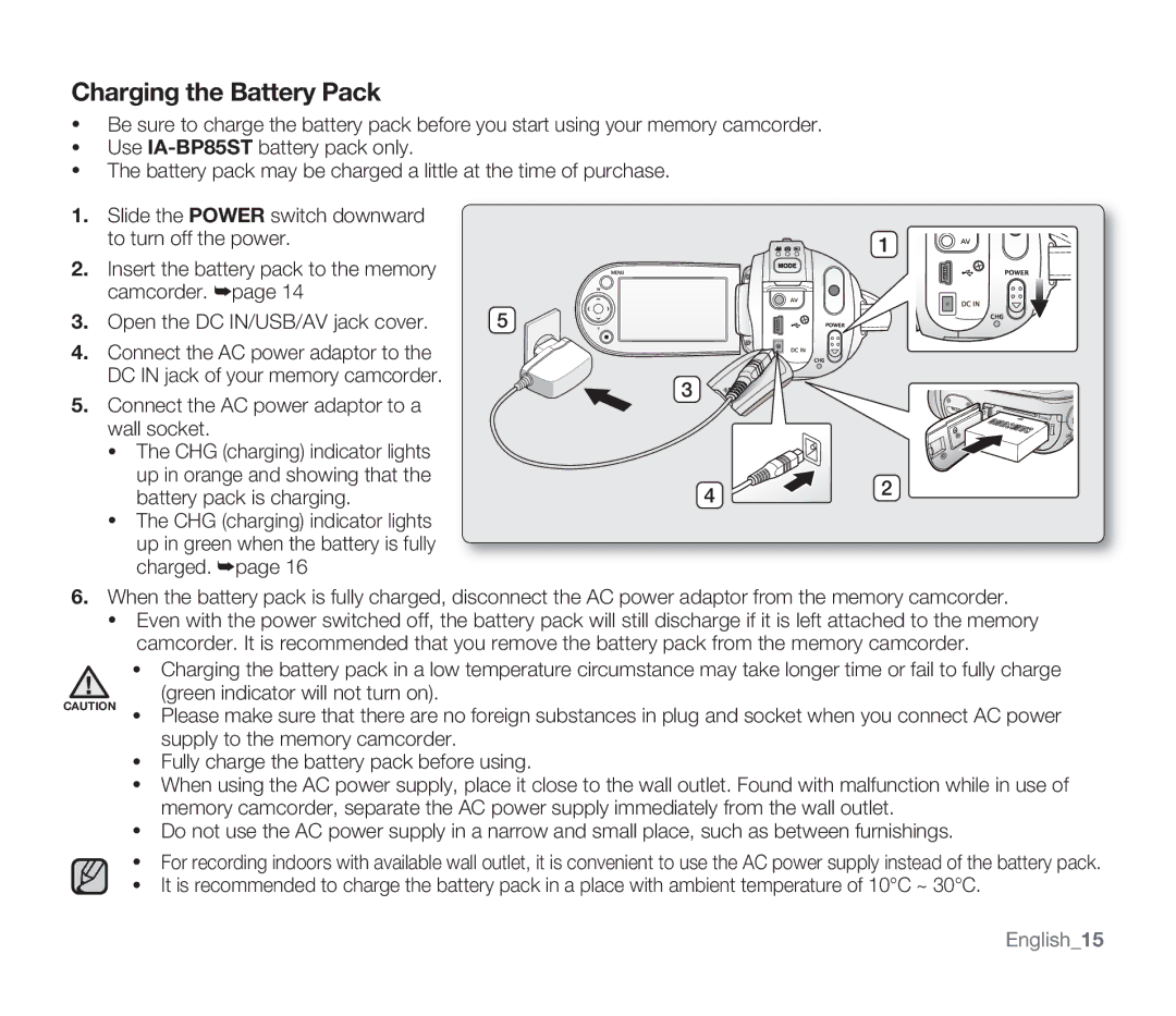 Samsung SMX-F33BP/AAW, SMX-F340BP/EDC, SMX-F33BP/EDC, SMX-F332SP/EDC, SMX-F30SP/EDC, SMX-F30RP/EDC Charging the Battery Pack 