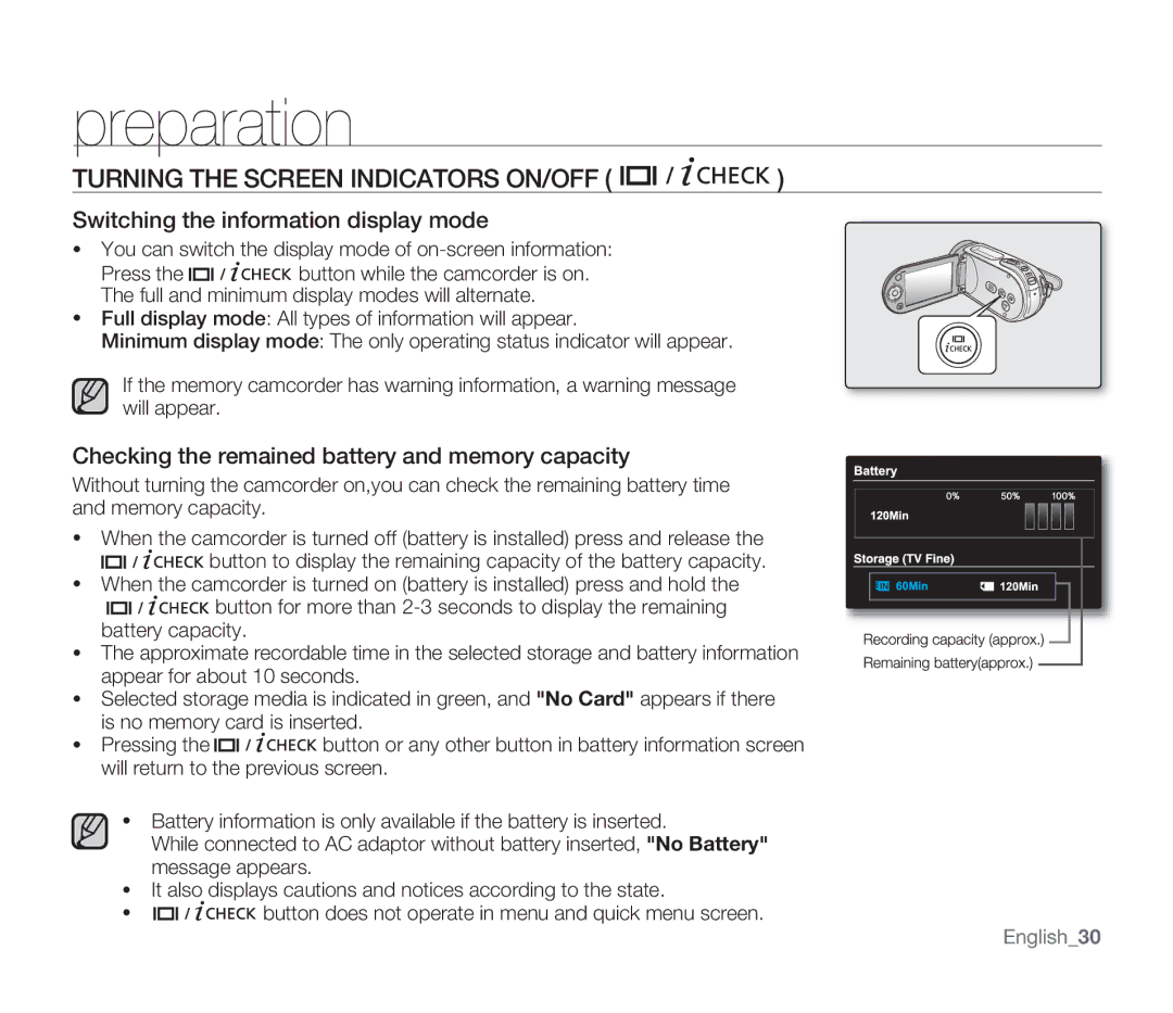 Samsung SMX-F30RP/MEA, SMX-F340BP/EDC manual Turning the Screen Indicators ON/OFF, Switching the information display mode 