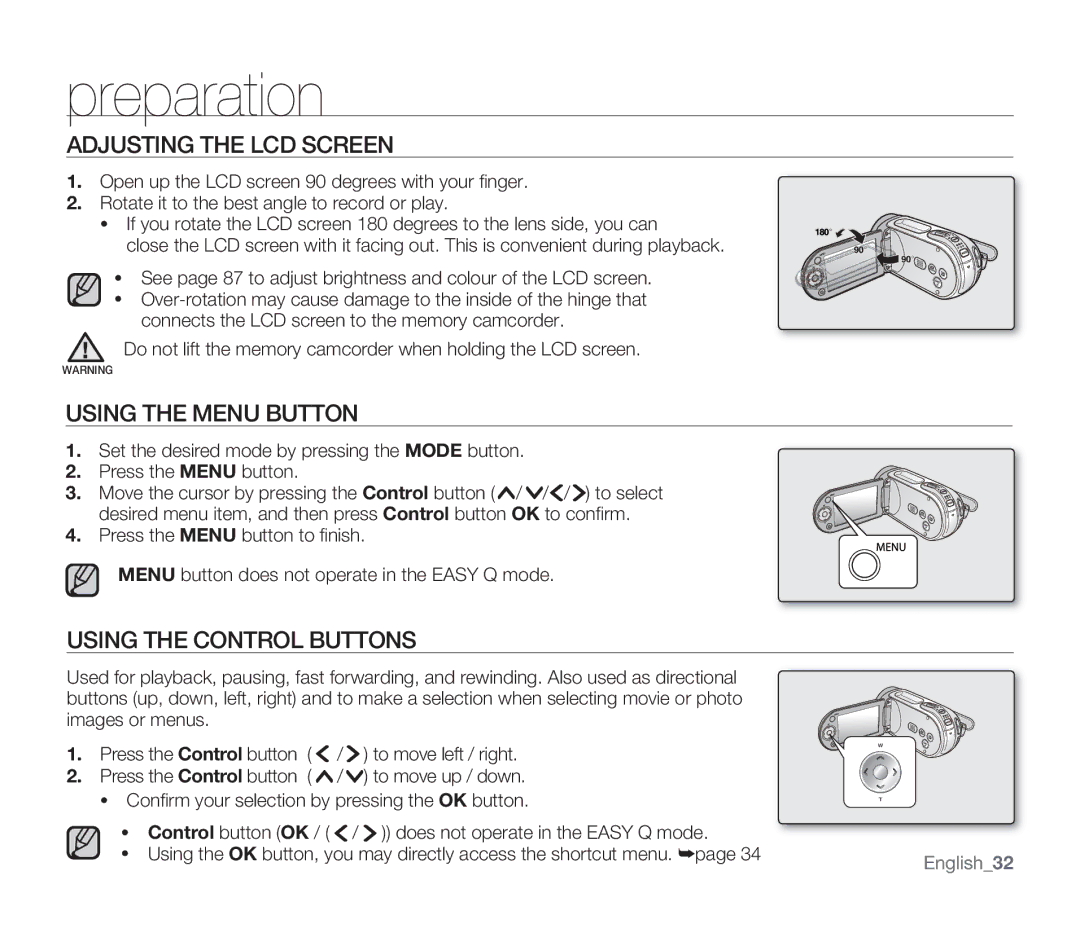 Samsung SMX-F34SP/AAW, SMX-F340BP/EDC manual Adjusting the LCD Screen, Using the Menu Button, Using the Control Buttons 