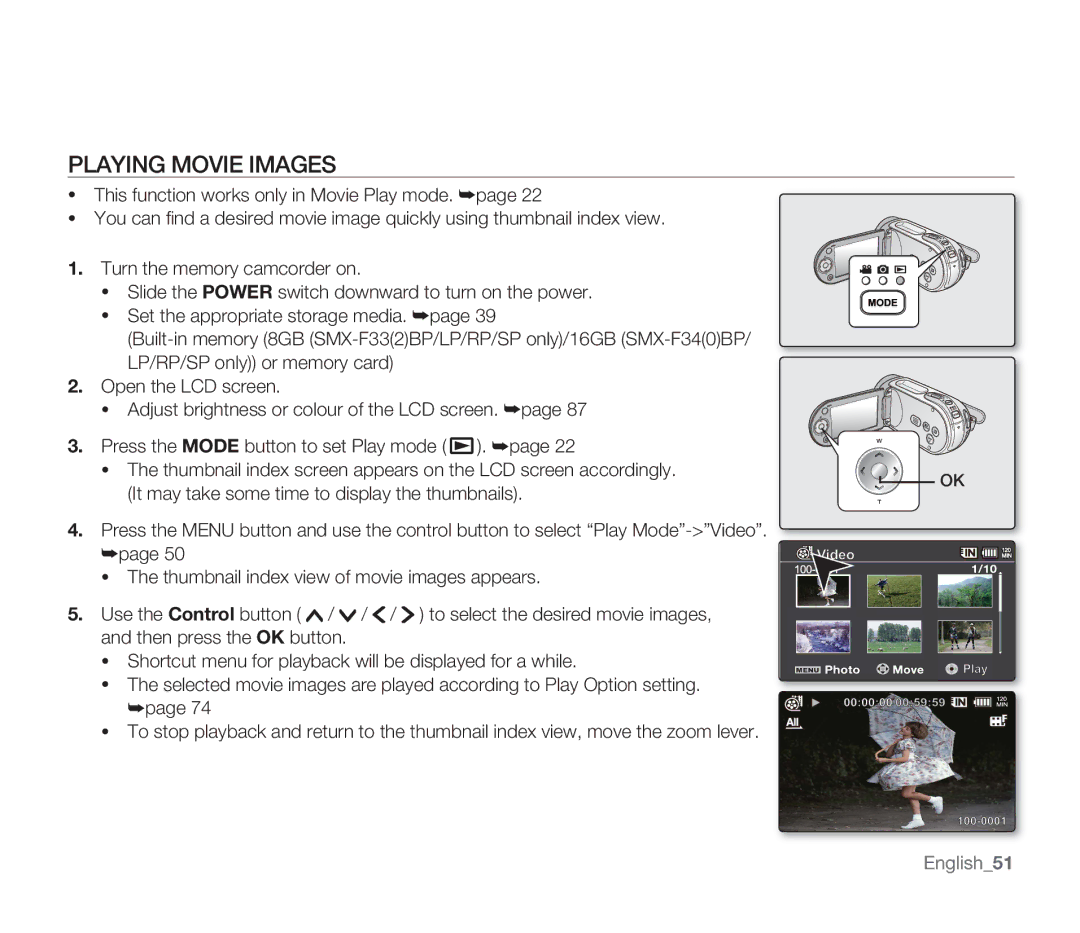 Samsung SMX-F33SP/COL, SMX-F340BP/EDC, SMX-F33BP/EDC, SMX-F332SP/EDC, SMX-F30SP/EDC, SMX-F30RP/EDC manual Playing Movie Images 