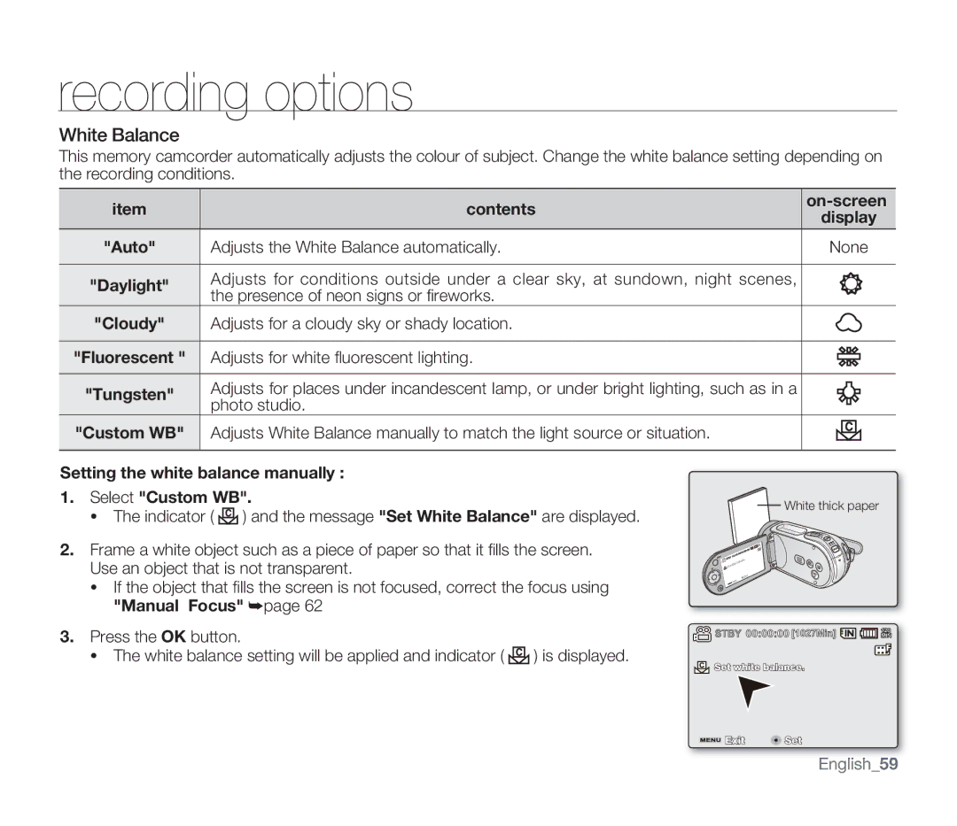 Samsung SMX-F332SP/EDC White Balance, Contents, Setting the white balance manually Select Custom WB, Manual Focus 