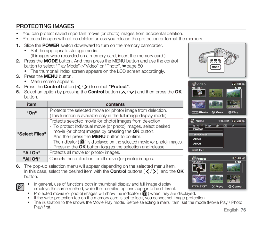 Samsung SMX-F33BP/HAC, SMX-F340BP/EDC, SMX-F33BP/EDC, SMX-F332SP/EDC, SMX-F30SP/EDC, SMX-F30RP/EDC manual Protecting Images 