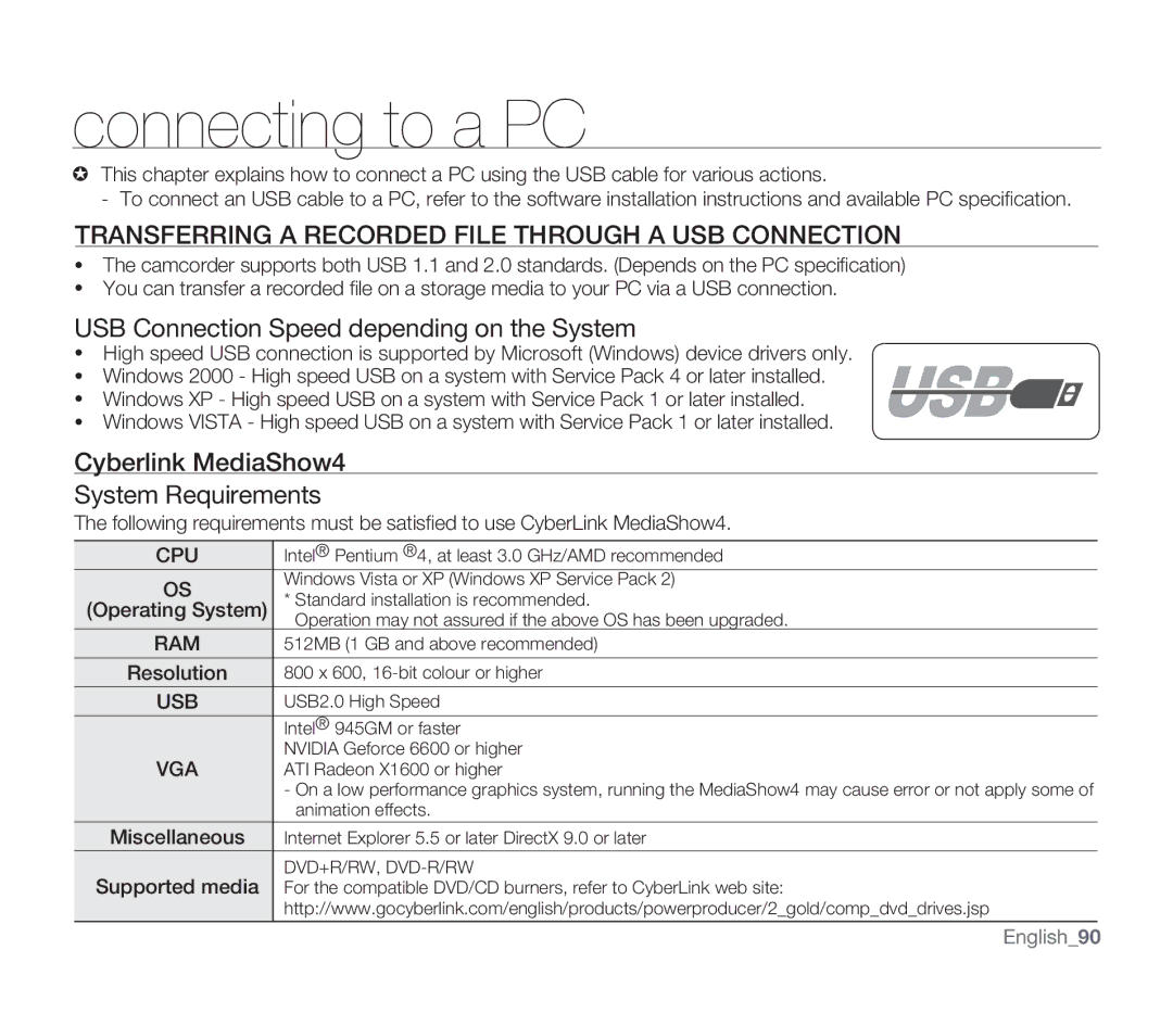 Samsung SMX-F30BP/HAC, SMX-F340BP/EDC manual Connecting to a PC, Transferring a Recorded File Through a USB Connection 